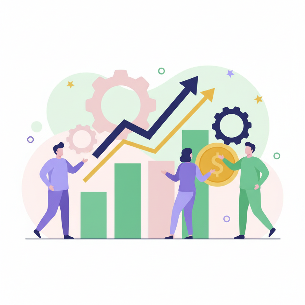 Finansal başarı ve büyüme gösteren çeşitli iş senaryolarının kolajı, ortaklık ve inovasyon